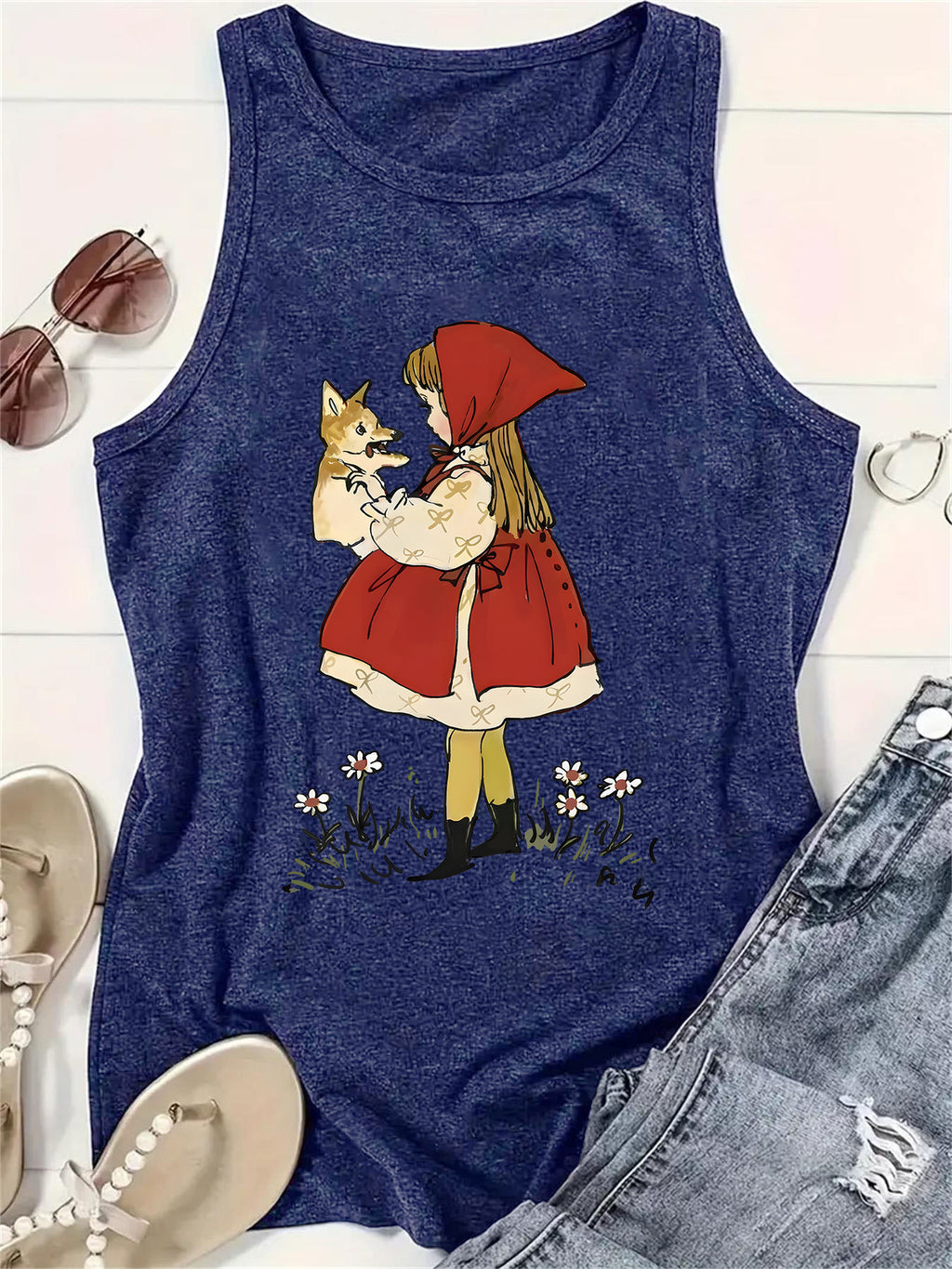 Storybook Girl And Fox Graphic Tank Top - DarkBlue - 1
