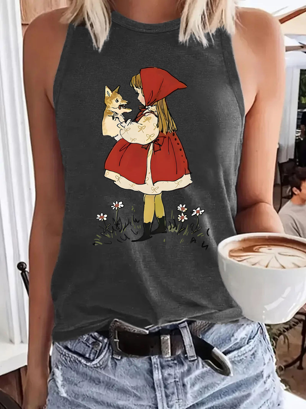Storybook Girl And Fox Graphic Tank Top - Grey