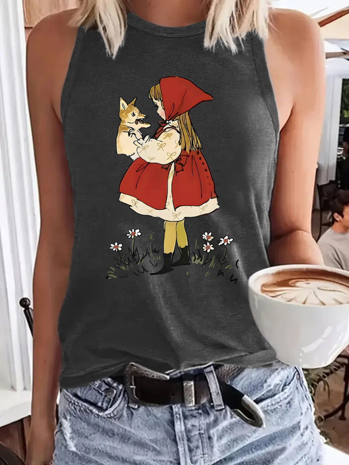 Storybook Girl And Fox Graphic Tank Top - Grey