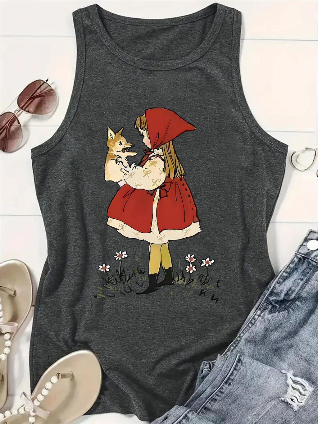 Storybook Girl And Fox Graphic Tank Top - Grey - 1