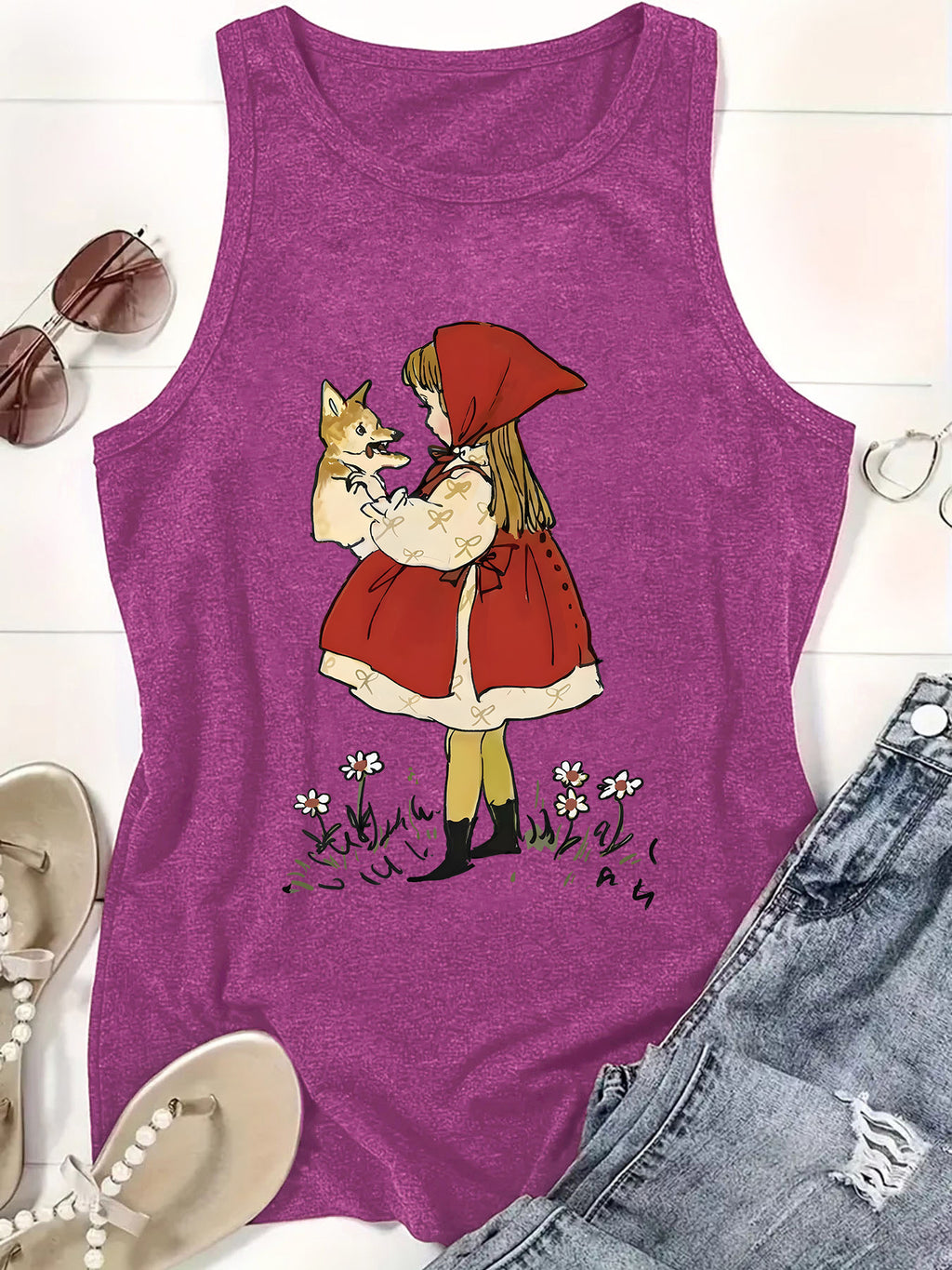 Storybook Girl And Fox Graphic Tank Top - Purple - 1