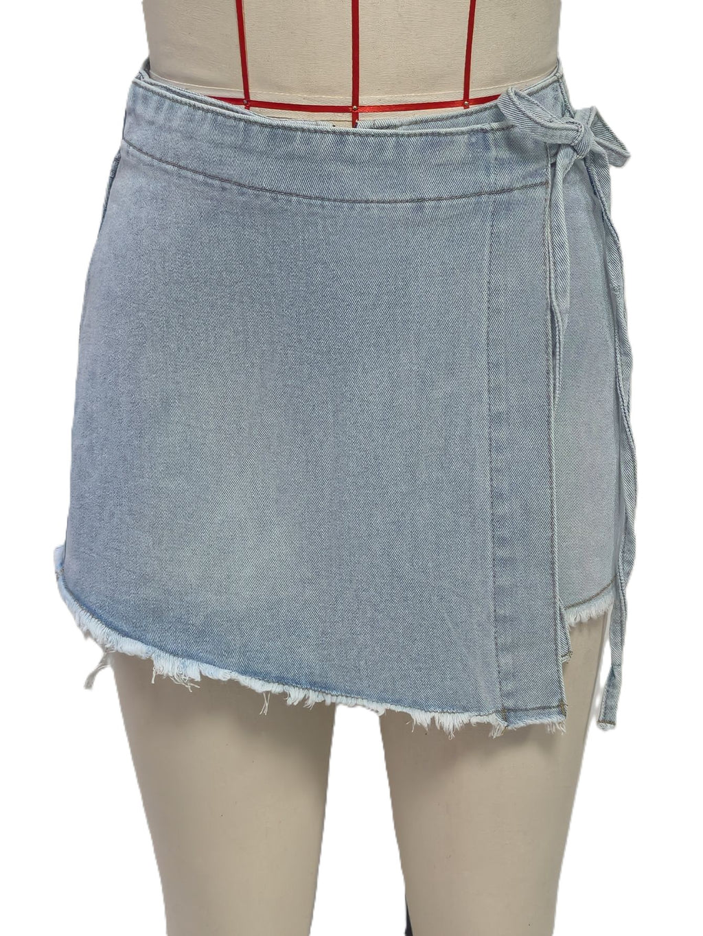Frayed Hem Wrap Denim Mini Skirt - Blue - 1