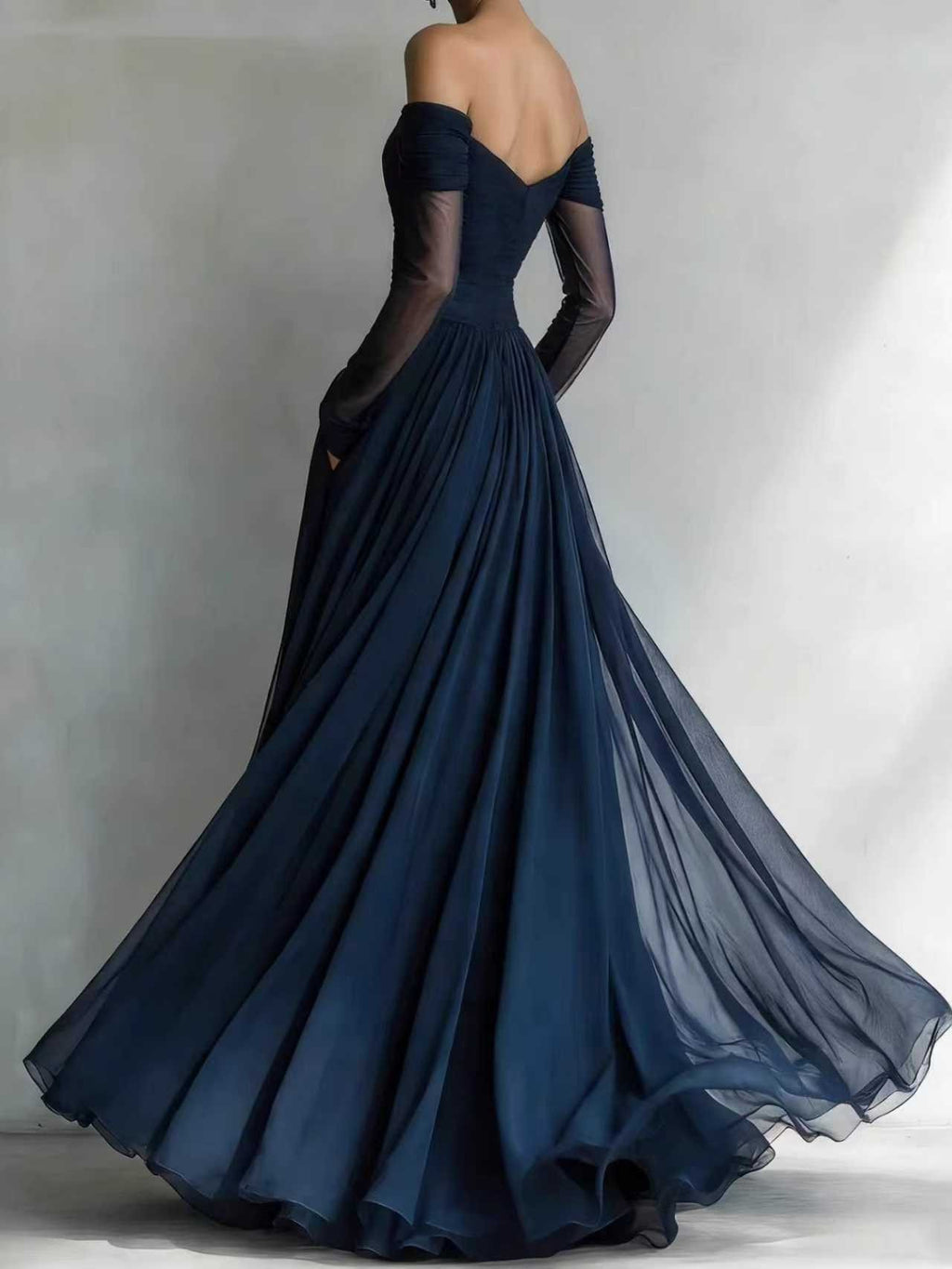 Off Shoulder Ruched Tulle Sheer Sleeve Maxi Gown - Navy