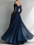 Off Shoulder Ruched Tulle Sheer Sleeve Maxi Gown - Navy