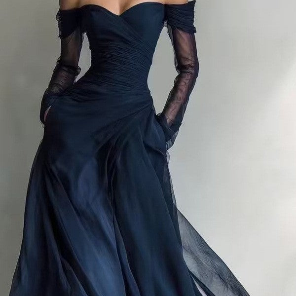 Off Shoulder Ruched Tulle Sheer Sleeve Maxi Gown