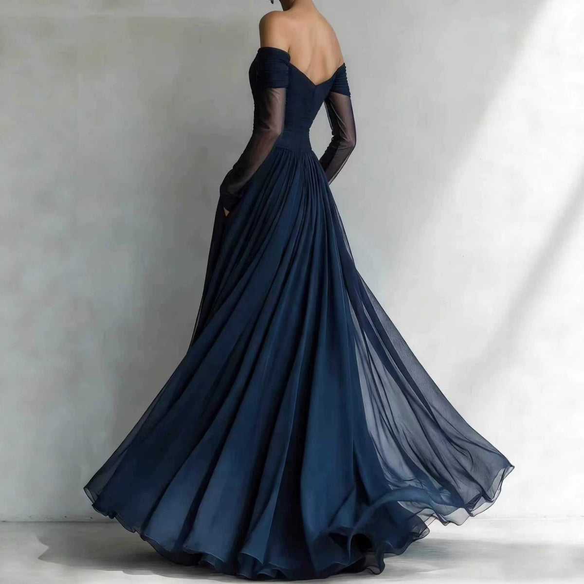 Off Shoulder Ruched Tulle Sheer Sleeve Maxi Gown
