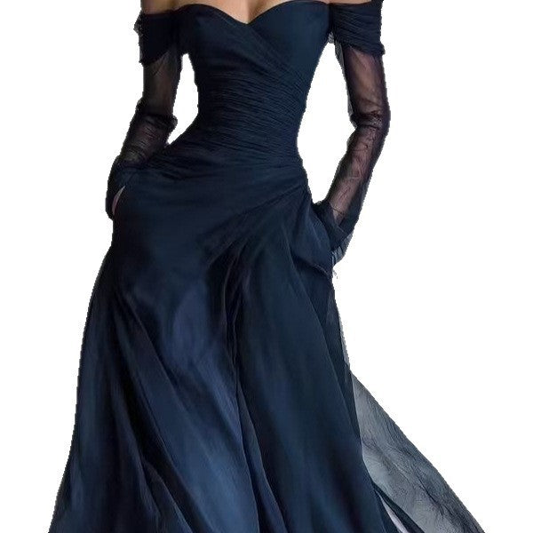 Off Shoulder Ruched Tulle Sheer Sleeve Maxi Gown