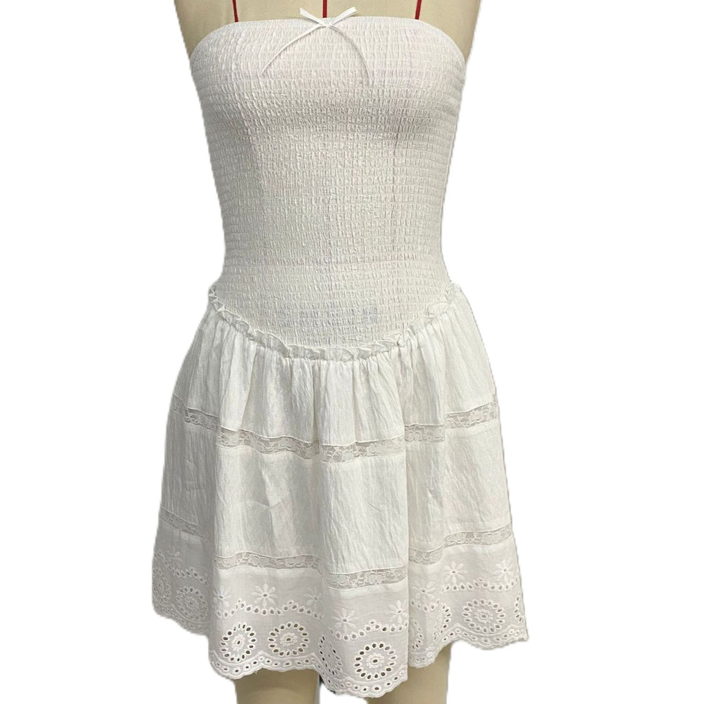 Smocked Strapless Tiered Eyelet Mini Dress - White