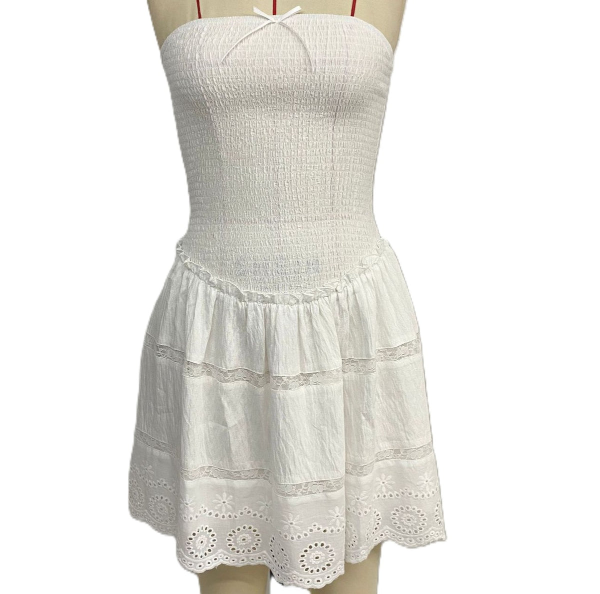 Smocked Strapless Tiered Eyelet Mini Dress - White