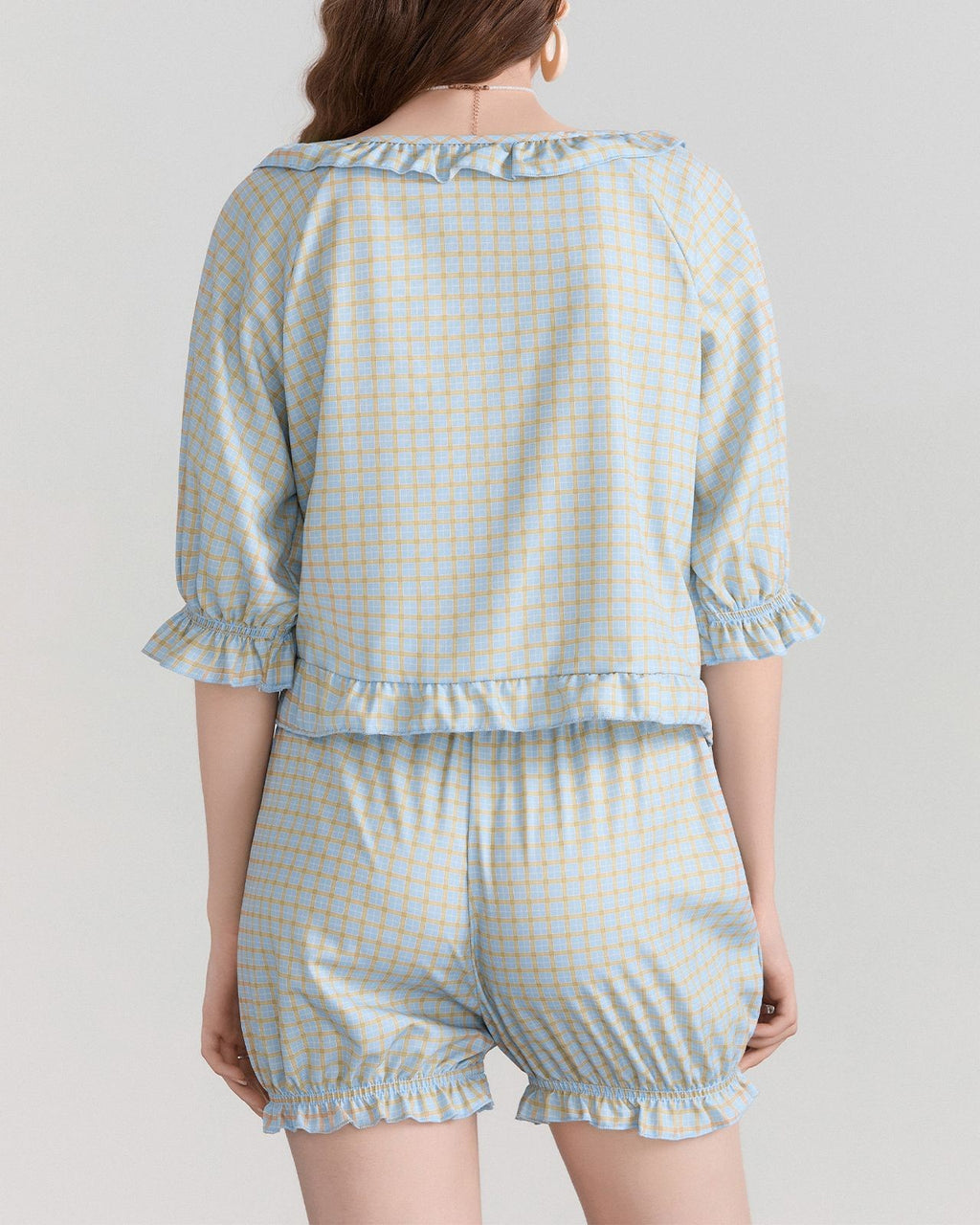 Gingham Ruffle Top And Bloomer Shorts Lounge Set - Blue - 1