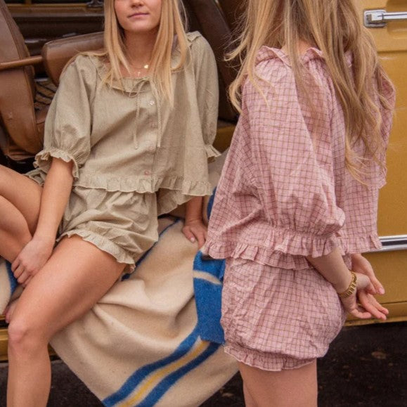 Gingham Ruffle Top And Bloomer Shorts Lounge Set - Khaki - 1