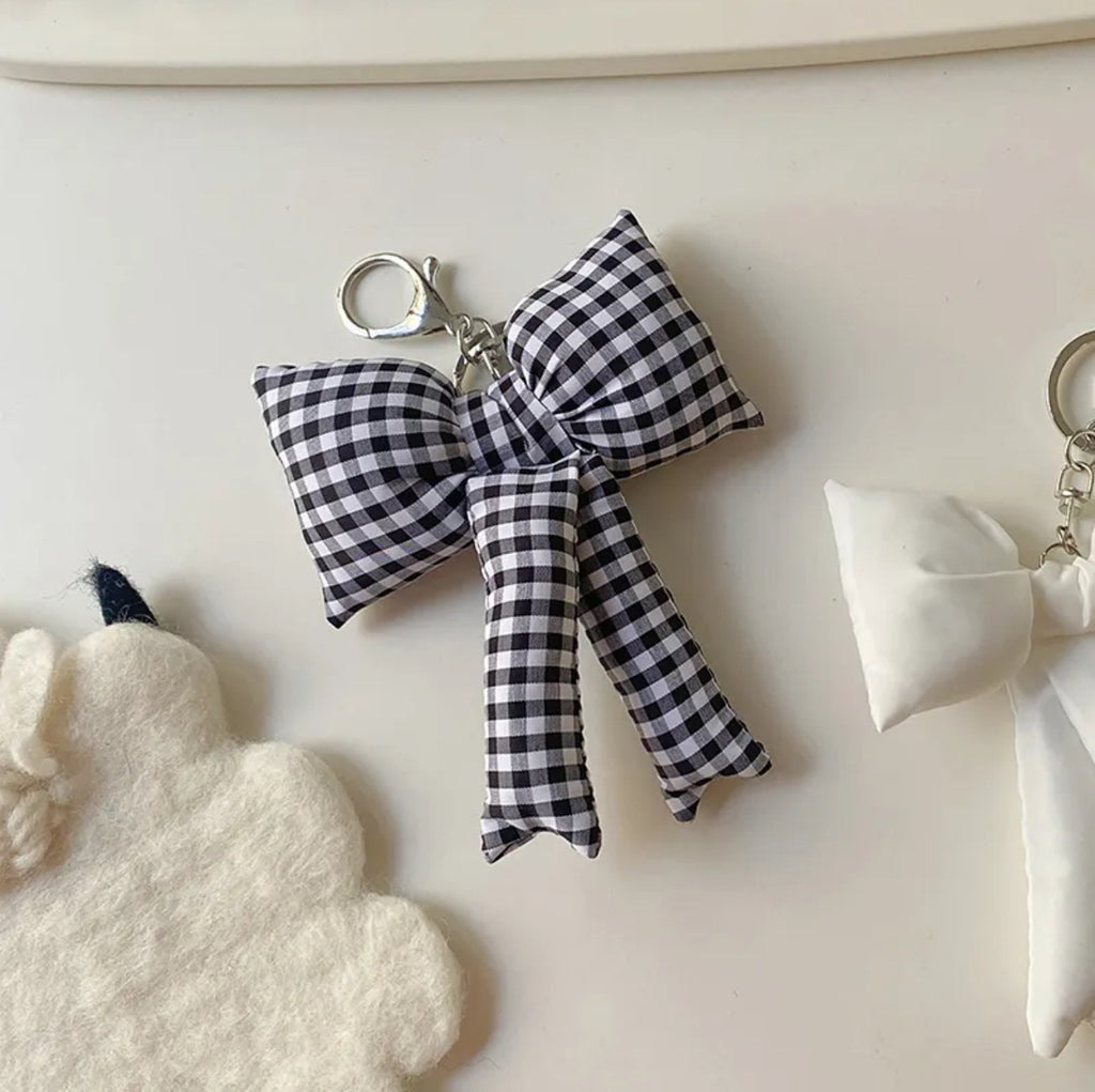 Checkered Ribbon Bow Keyring Charm - Black