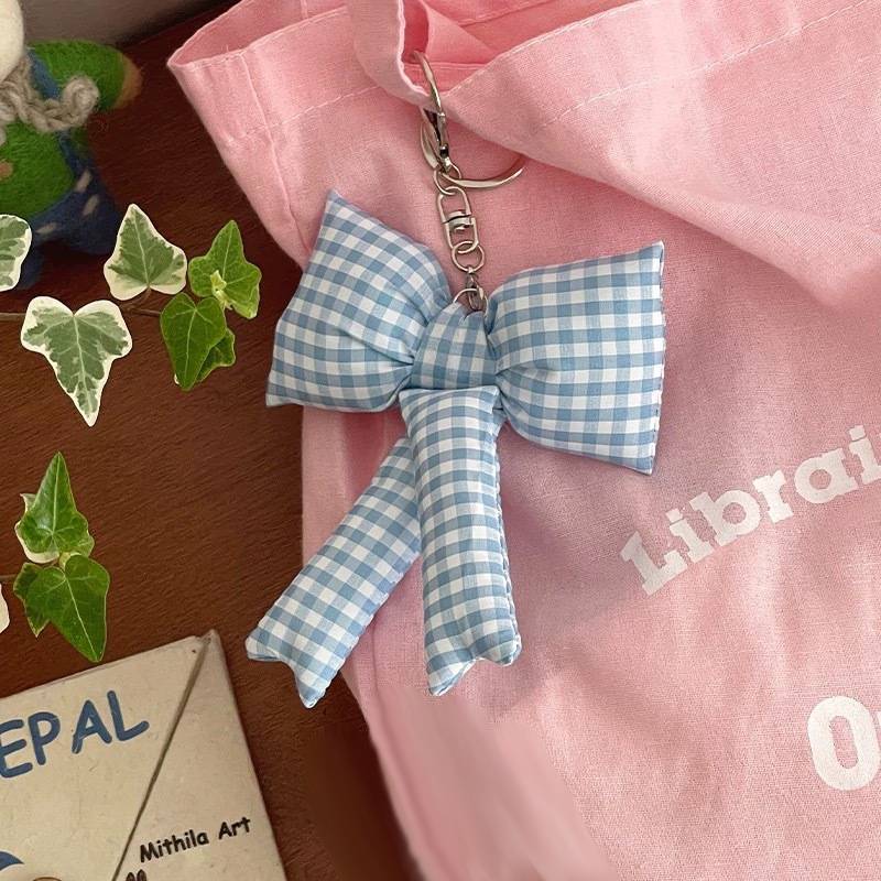 Checkered Ribbon Bow Keyring Charm - Blue