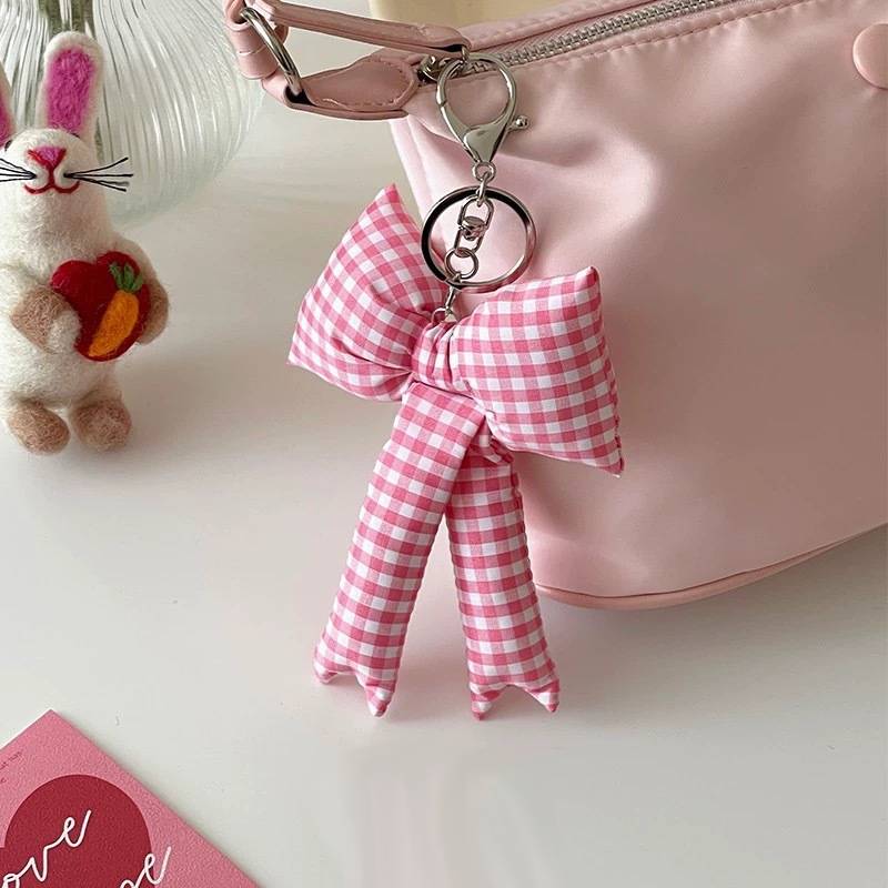 Checkered Ribbon Bow Keyring Charm - Pink
