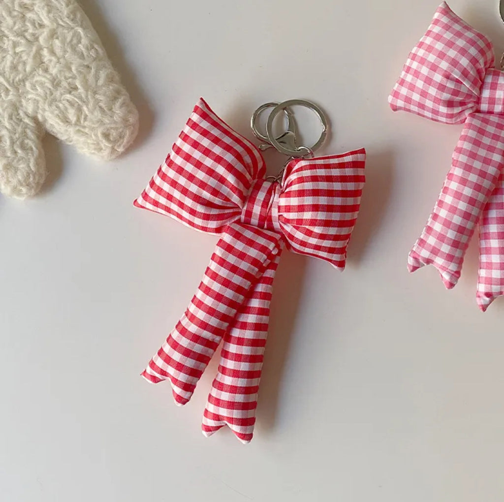 Checkered Ribbon Bow Keyring Charm - Red