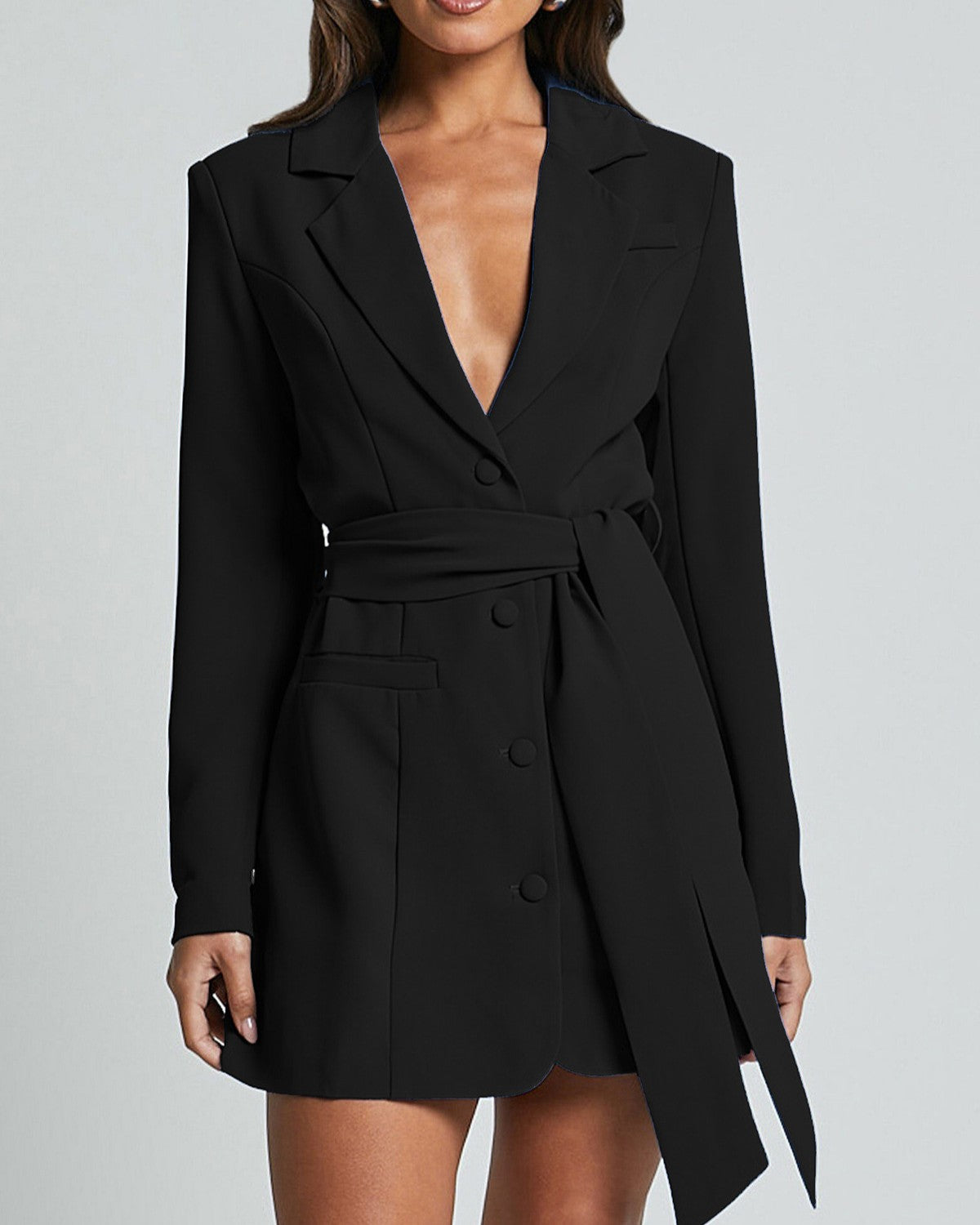 Tie Waist Blazer Mini Dress - Black