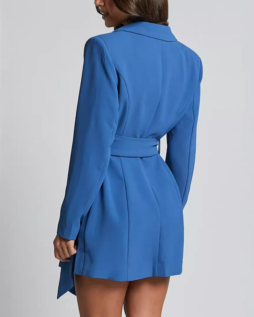 Tie Waist Blazer Mini Dress - Blue - 2