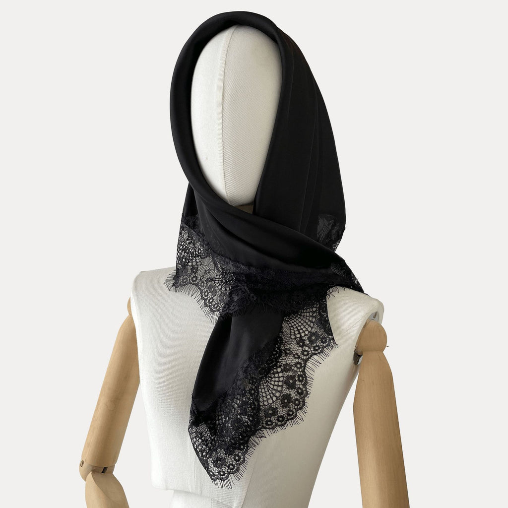 Satin Square Scarf With Lace Edging - Black