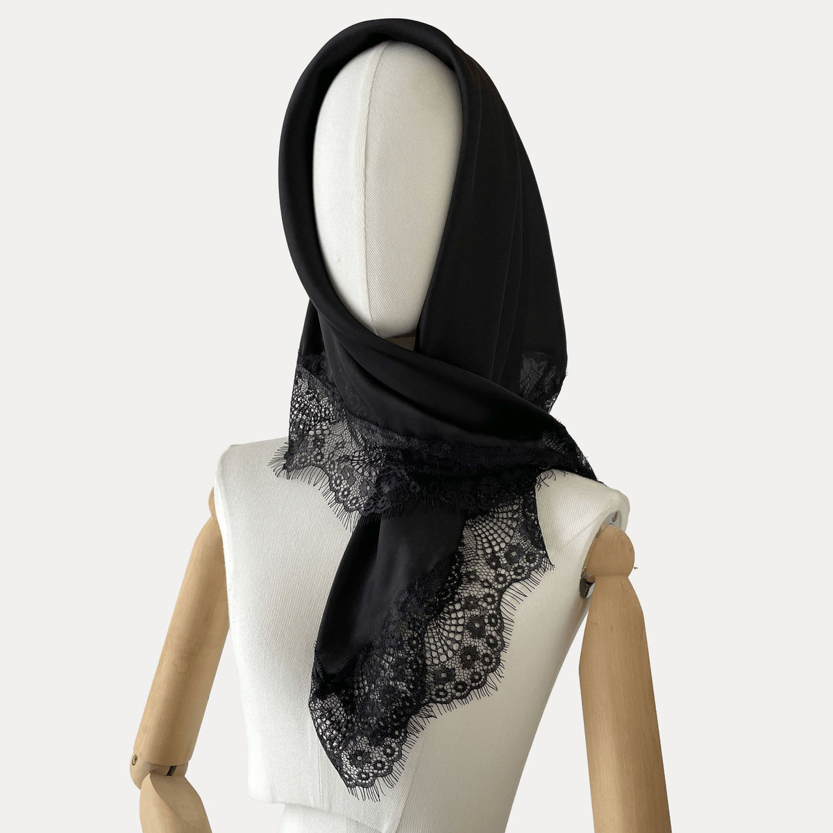 Satin Square Scarf With Lace Edging - Black