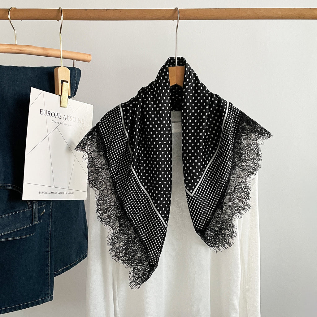 Satin Square Scarf With Lace Edging - BlackPoint