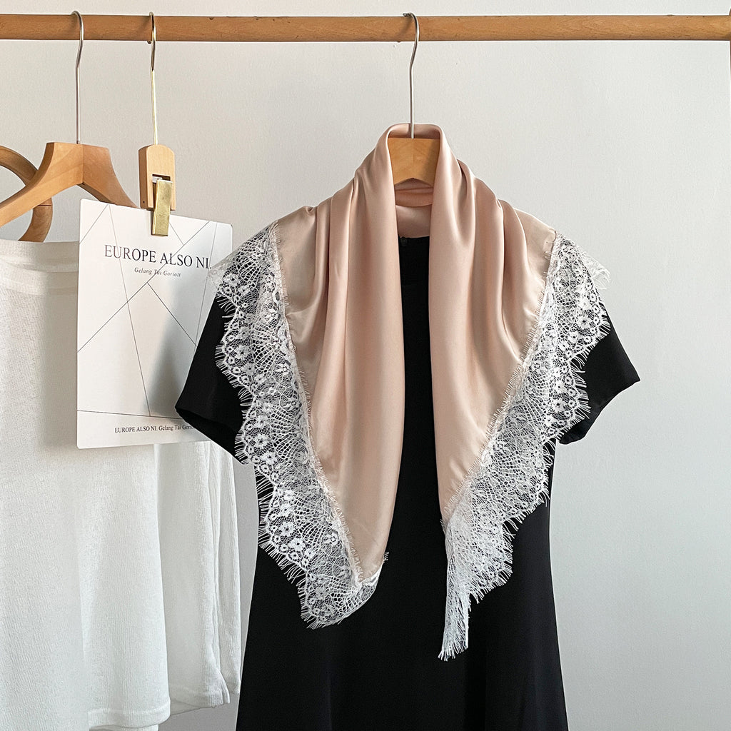 Satin Square Scarf With Lace Edging - Champagne