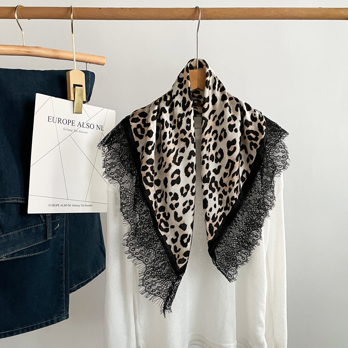 Satin Square Scarf With Lace Edging - Leopard