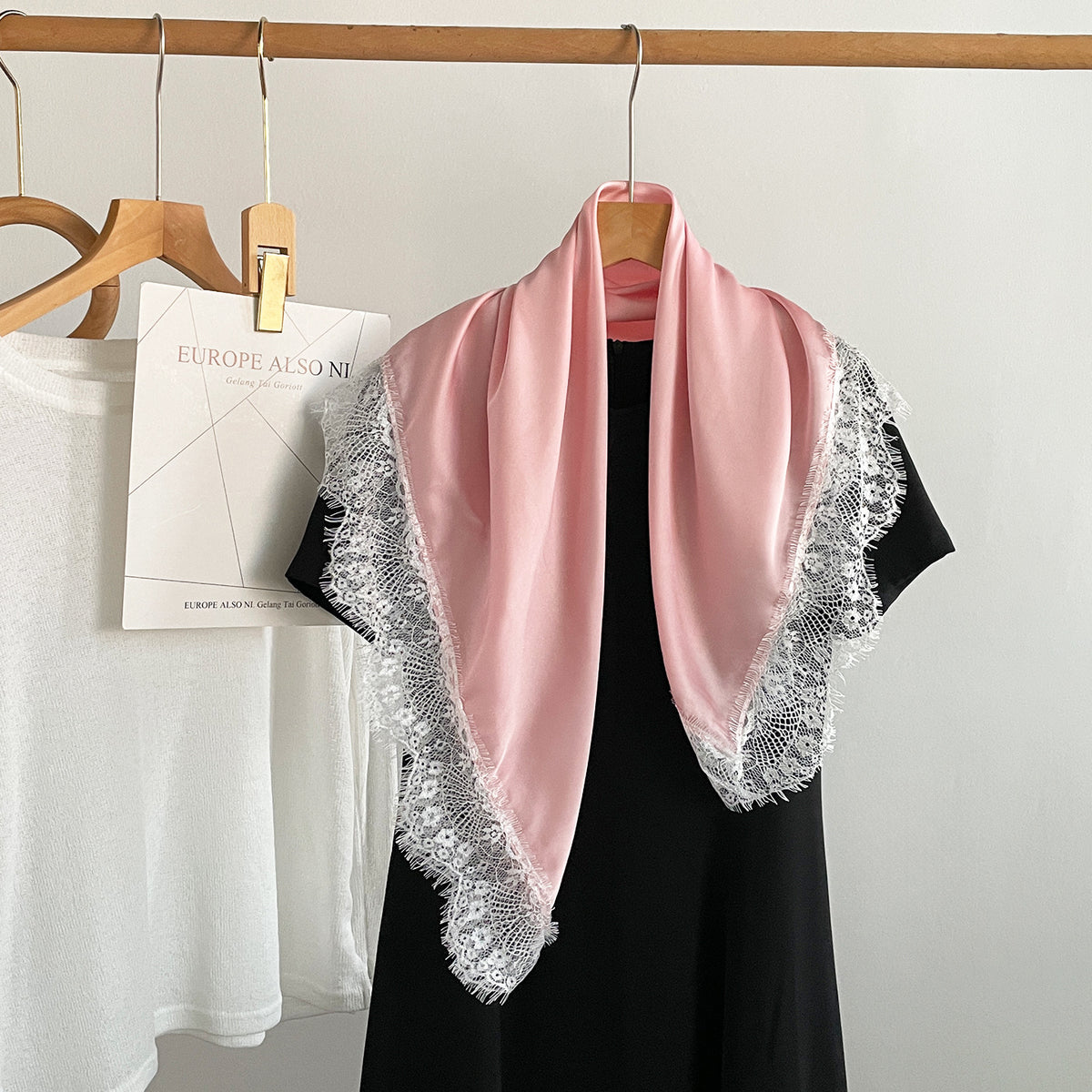 Satin Square Scarf With Lace Edging - Pink