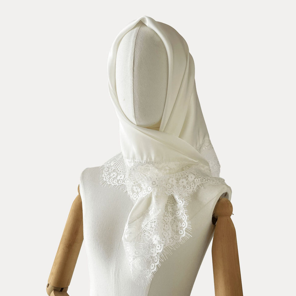 Satin Square Scarf With Lace Edging - White