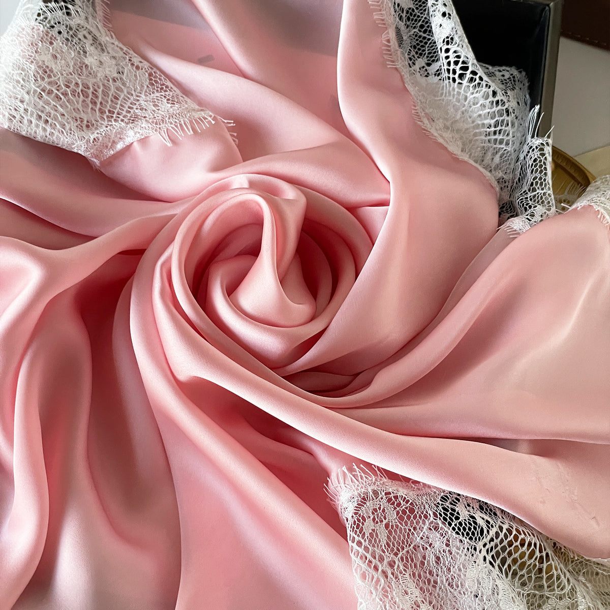 Satin Square Scarf With Lace Edging
