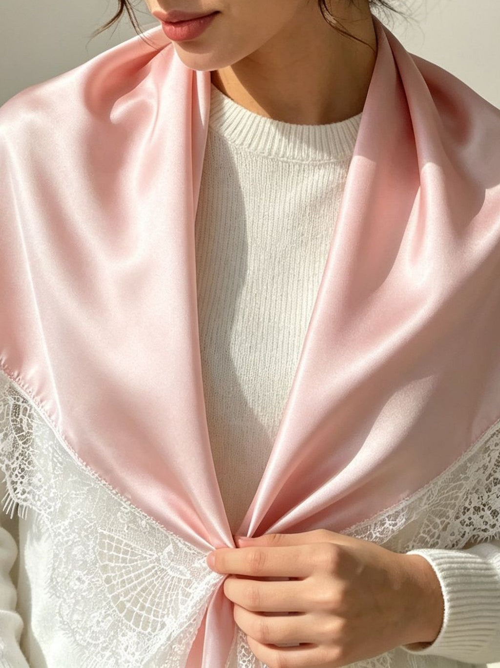Satin Square Scarf With Lace Edging - view 1