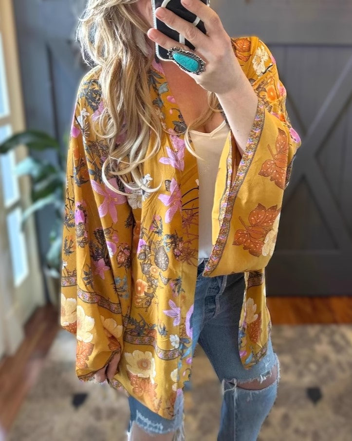 Boho Floral Print Open Front Kimono - Orange