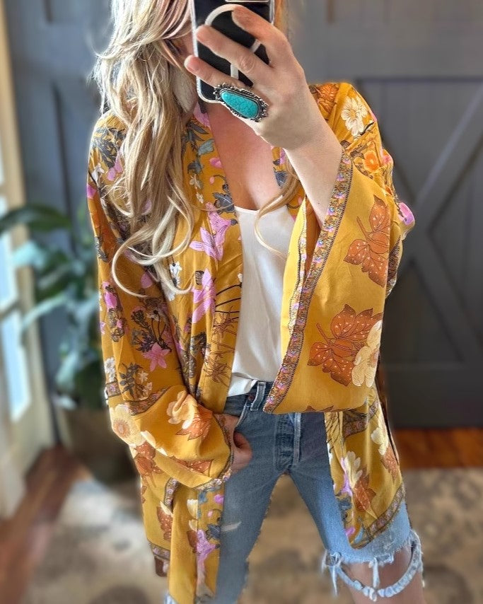 Boho Floral Print Open Front Kimono - Orange - 1