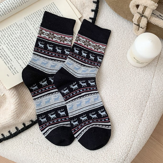 Nordic Deer Snowflake Knit Crew Socks - Black