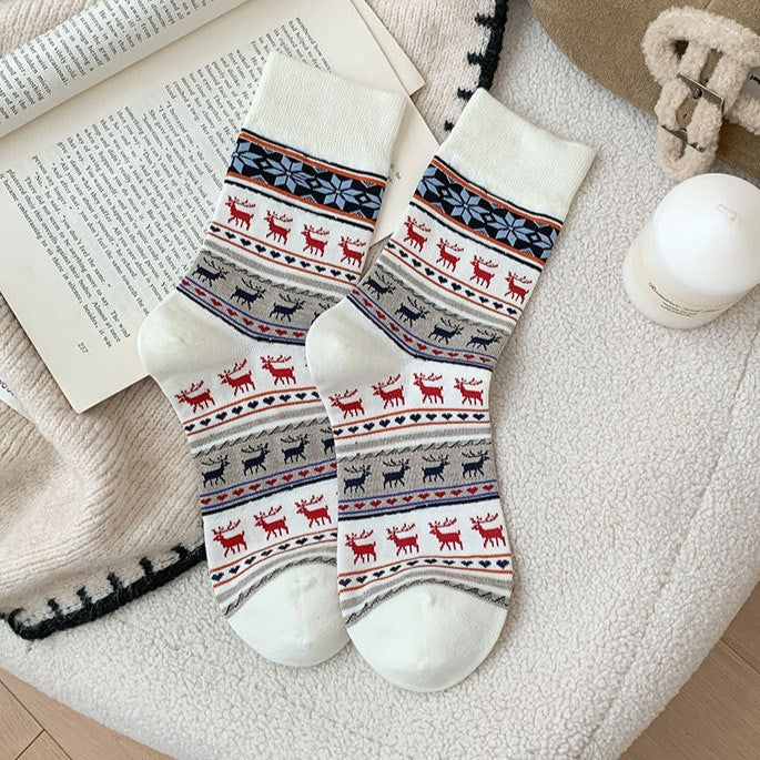 Nordic Deer Snowflake Knit Crew Socks - White - 1