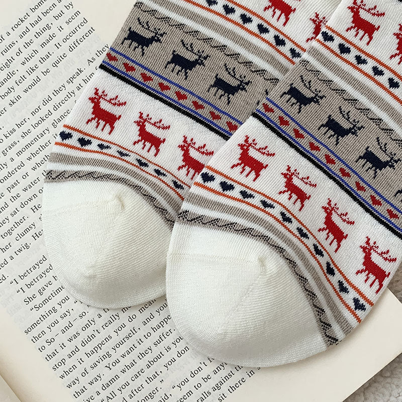 Nordic Deer Snowflake Knit Crew Socks - White - 2