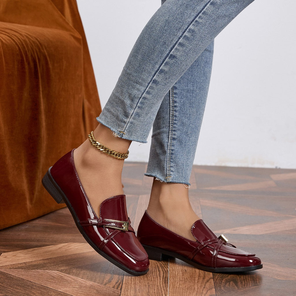 Glossy Patent Square Toe Buckle Loafers