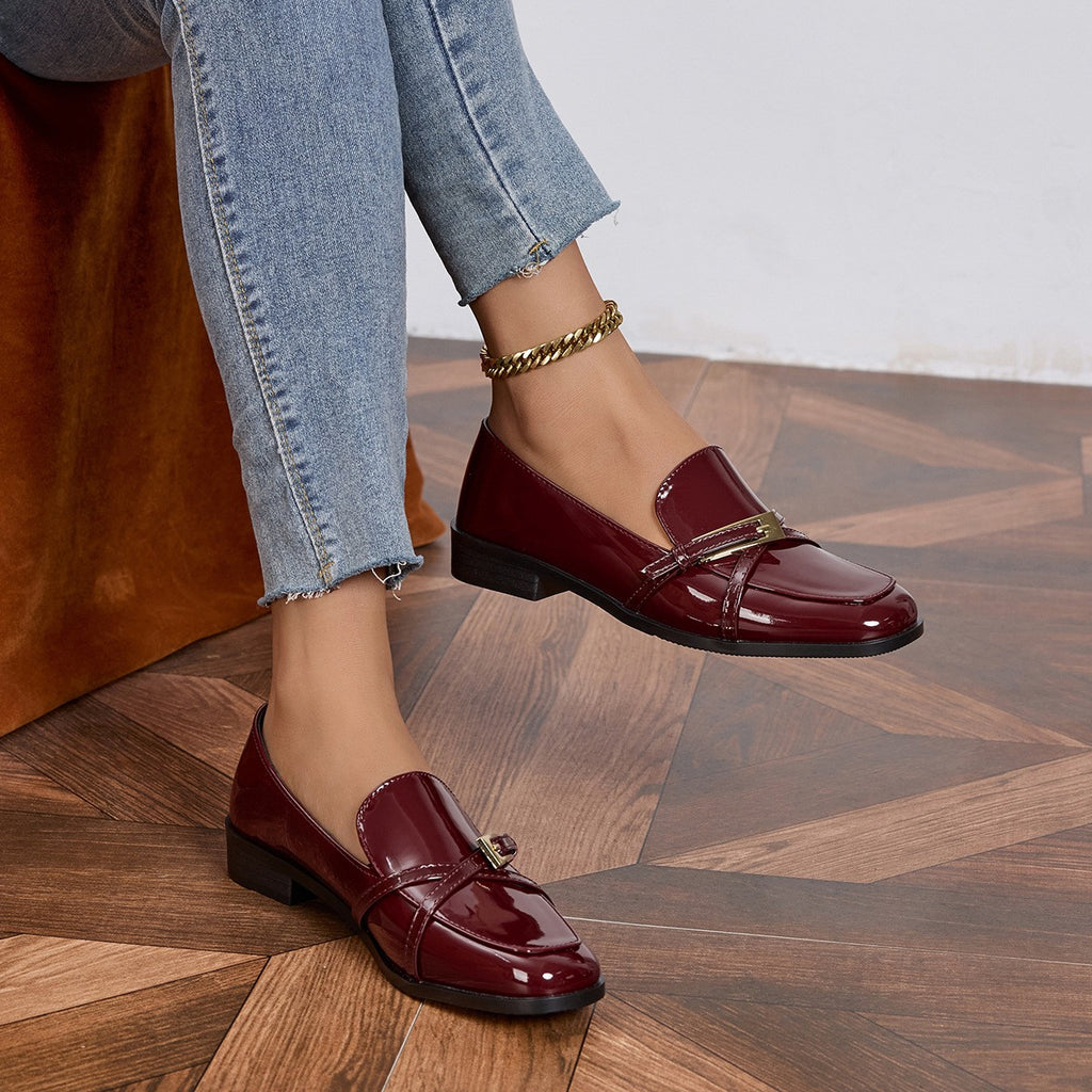 Glossy Patent Square Toe Buckle Loafers