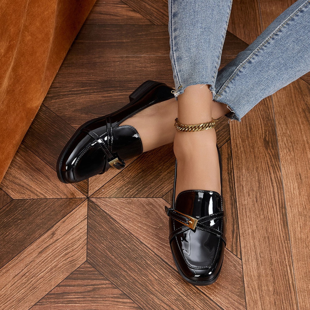 Glossy Patent Square Toe Buckle Loafers