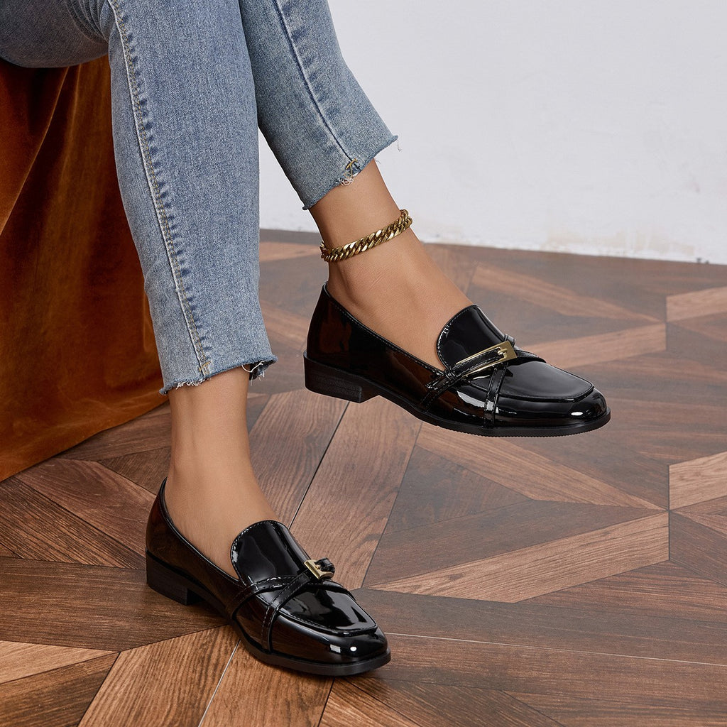 Glossy Patent Square Toe Buckle Loafers