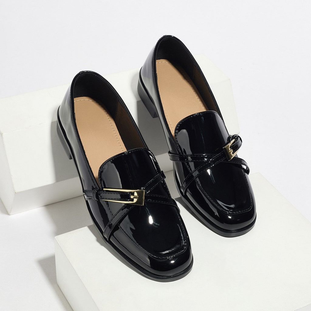 Glossy Patent Square Toe Buckle Loafers