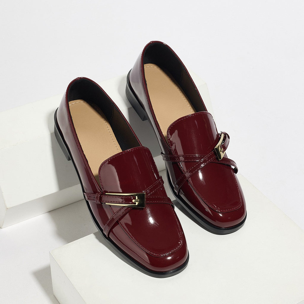 Glossy Patent Square Toe Buckle Loafers