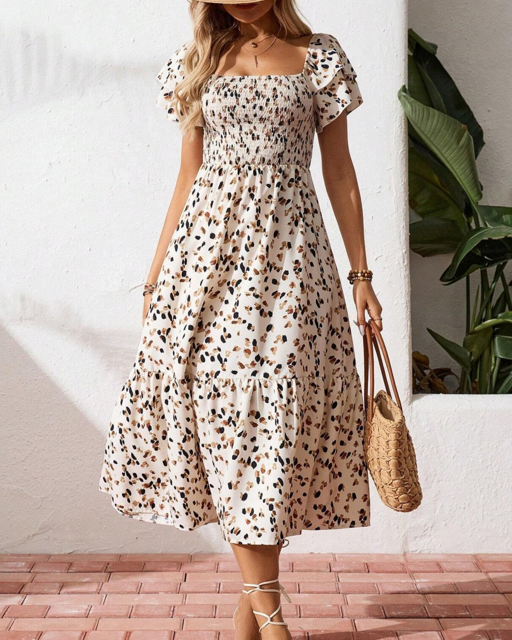 Ditsy Floral Square Neck Tiered Midi Dress - Apricot - 1