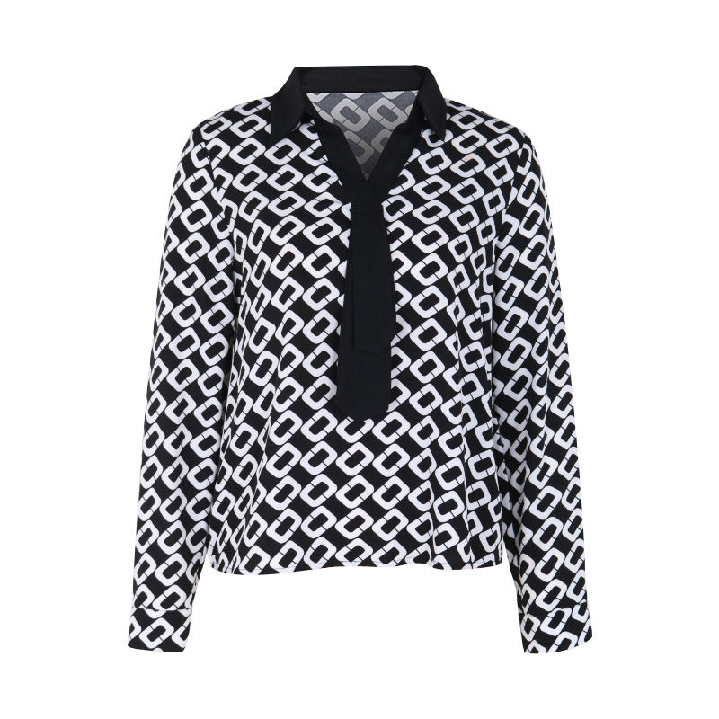 Chain Link Print Collared Popover Blouse - Black