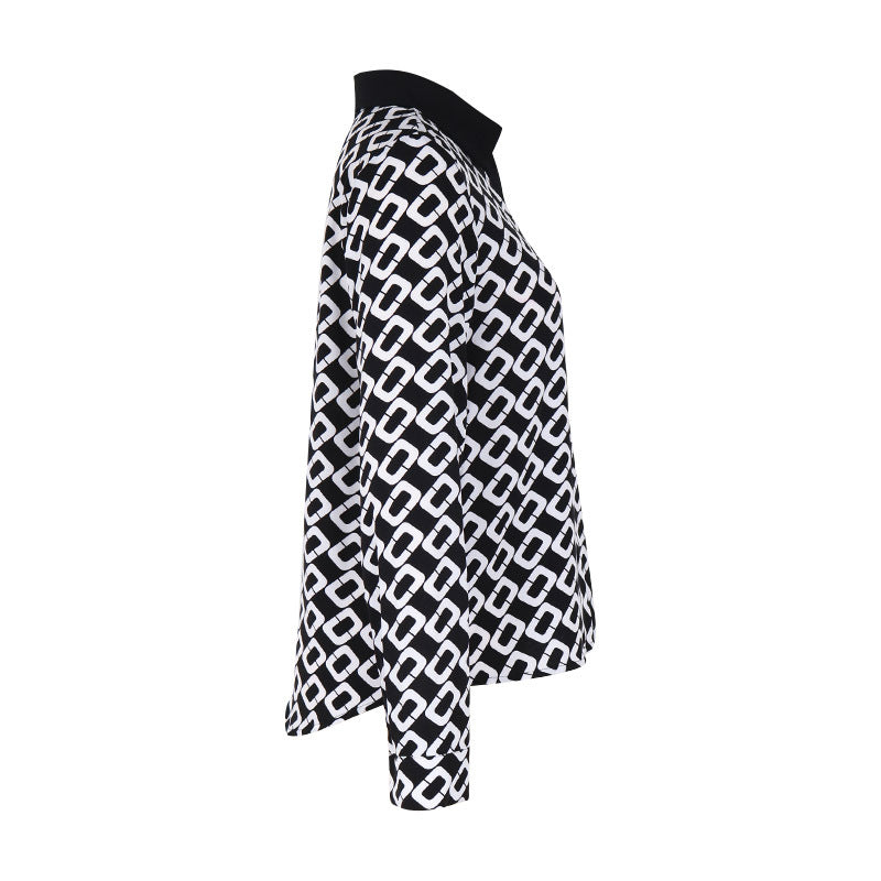 Chain Link Print Collared Popover Blouse - Black - 1