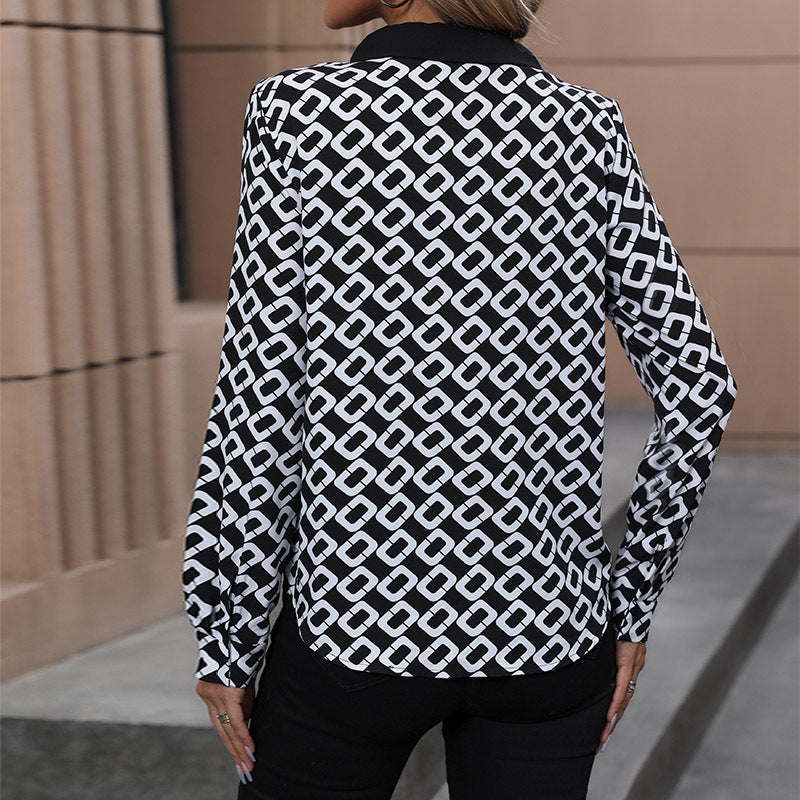 Chain Link Print Collared Popover Blouse - Black - 3