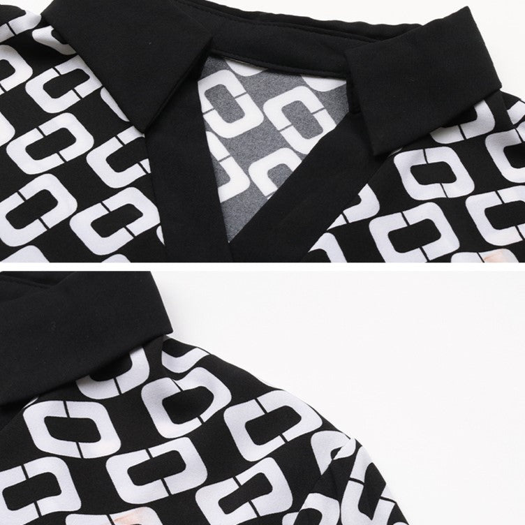 Chain Link Print Collared Popover Blouse - Black - 4