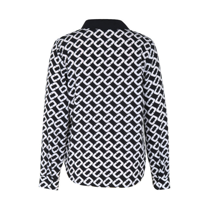 Chain Link Print Collared Popover Blouse - Black - 5