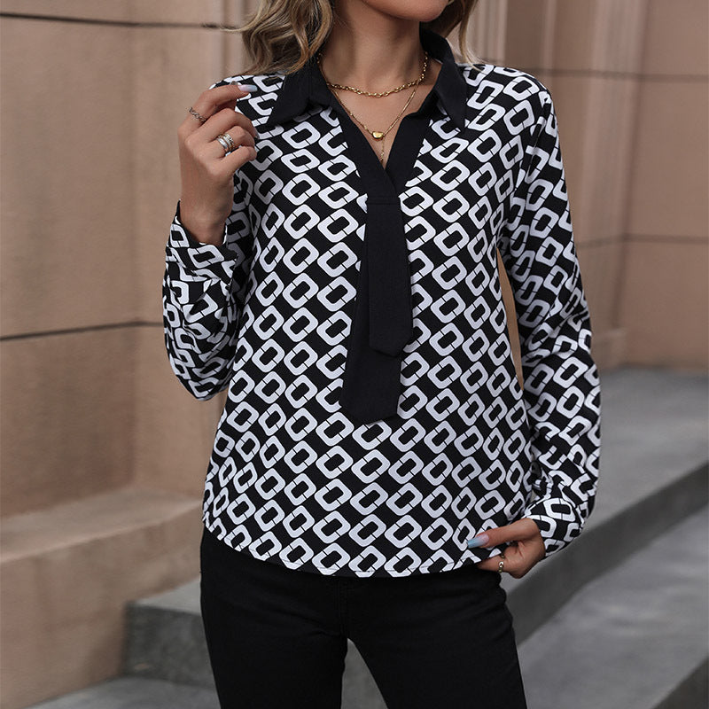 Chain Link Print Collared Popover Blouse - Black - 6