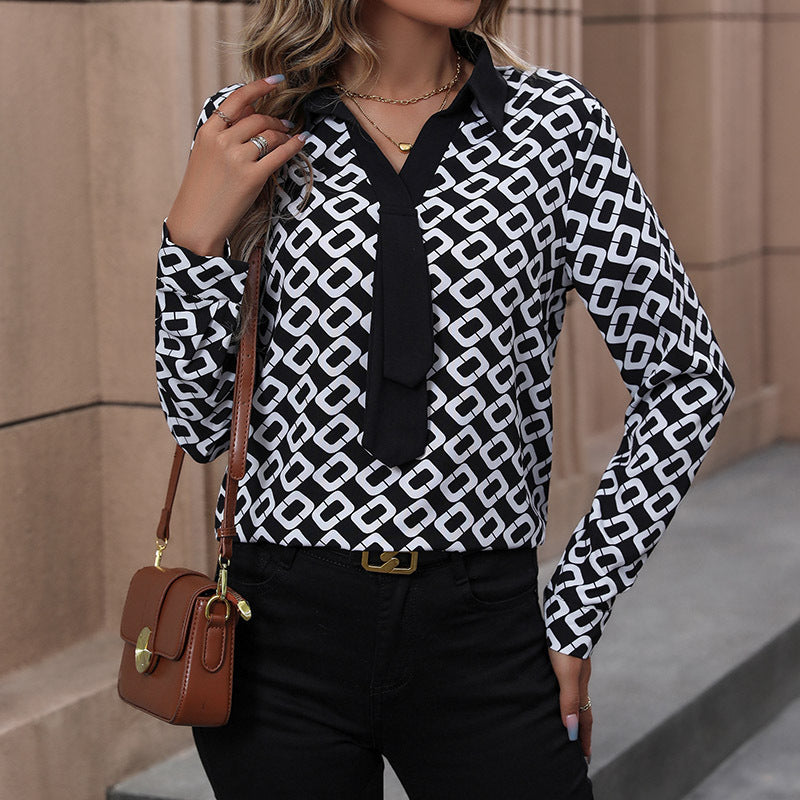 Chain Link Print Collared Popover Blouse - view 1