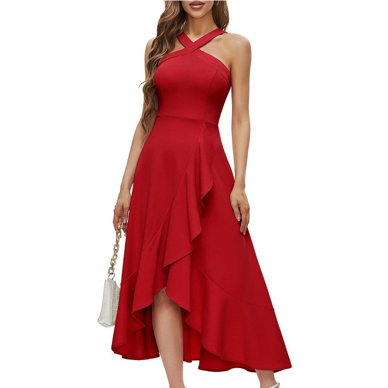 Crisscross Halter Ruffle High Low Midi Dress - Red